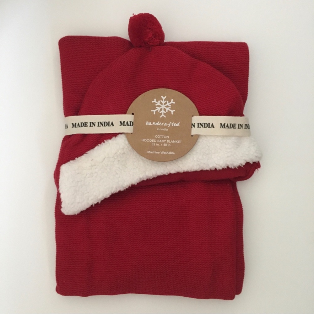 NEW Hooded Baby Blanket Cotton Red White Cozy Holiday Gift | Made in India